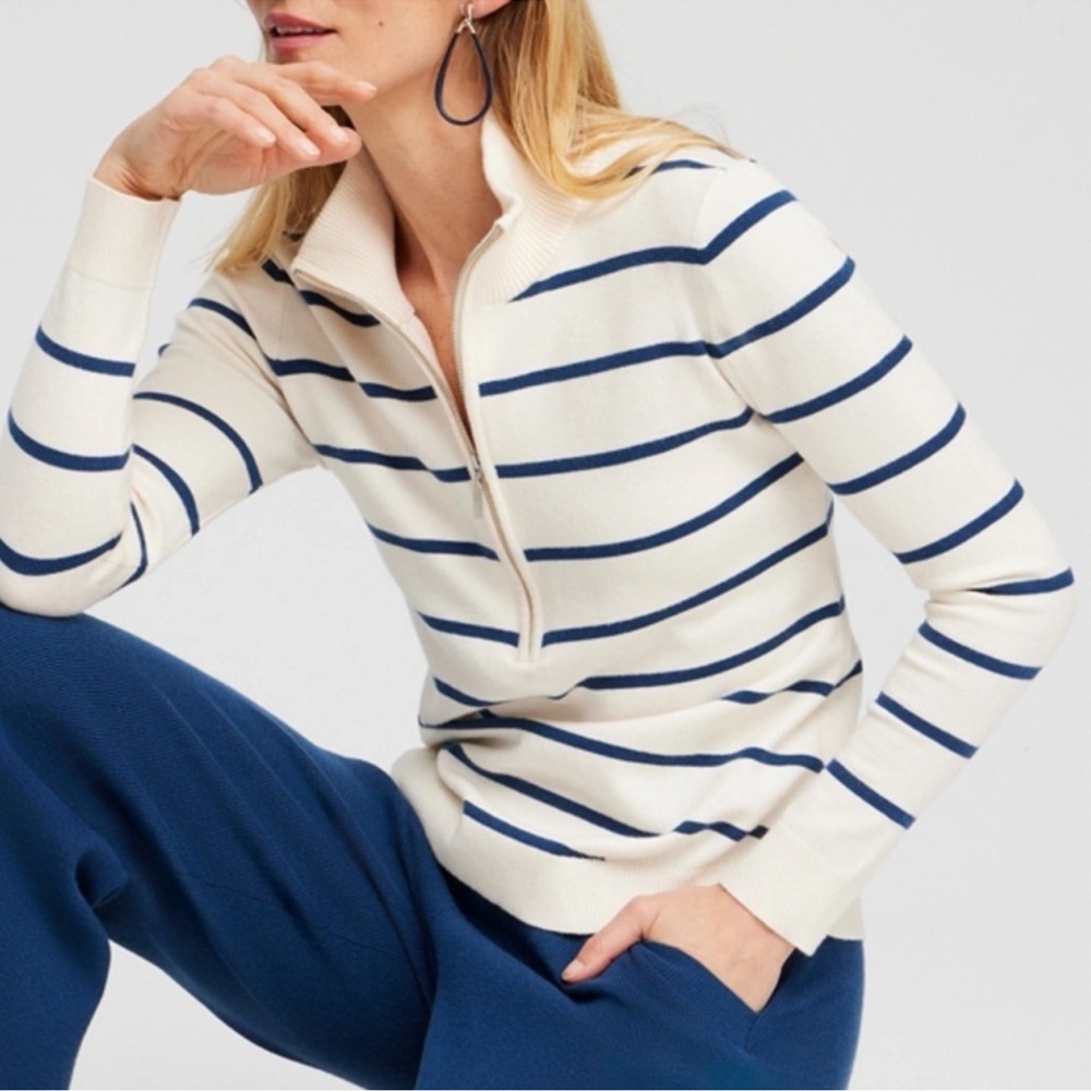 Chico’s Cream and Navy Blue Half Zip Pullover Sweater Size 3